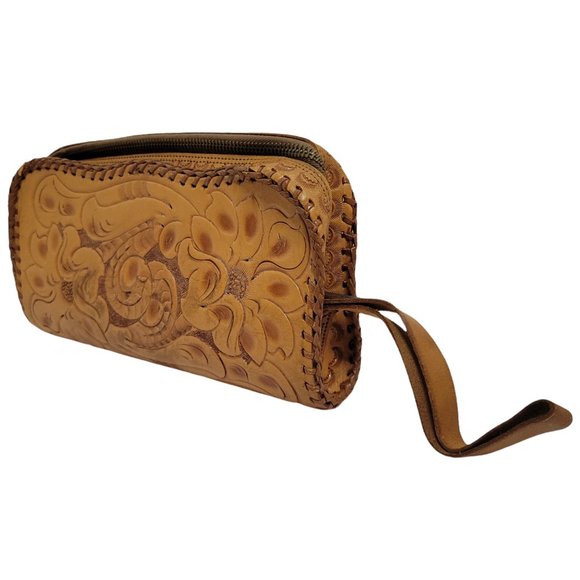 Vintage 1960s Hand Tooled Leather Western Wristlet Clutch Handbag Zip Closure - Picture 4 of 10